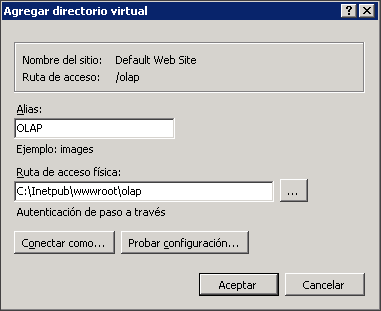 Captura de pantalla del cuadro de diálogo Agregar directorio virtual