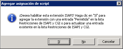 Captura de pantalla de la confirmación para agregar la extensión de ISAPI