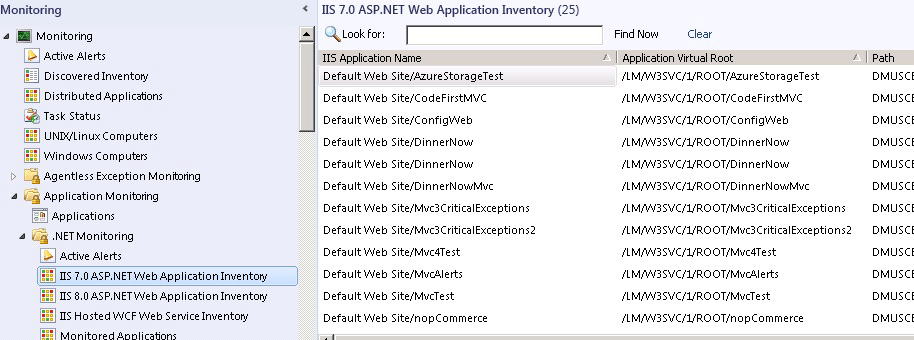 Vista de inventario de aplicaciones web ASP.NET