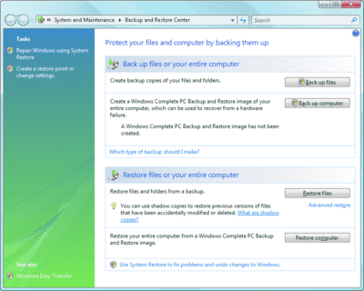 Figura 1 Centro de copias de seguridad y restauración de Windows Vista