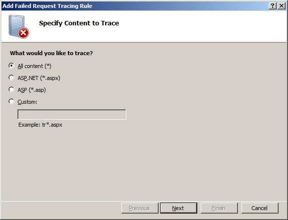 Captura de pantalla que muestra el Asistente para agregar reglas de seguimiento de solicitudes con error, con todo el contenido seleccionado.