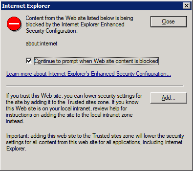 Captura de pantalla que muestra un cuadro de diálogo para La configuración de seguridad mejorada de Internet Explorer. Internet de dos puntos está bloqueado.