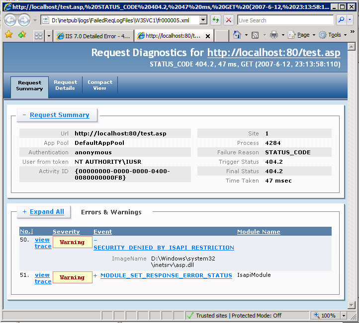 Captura de pantalla que muestra Internet Explorer. La pestaña Resumen de la solicitud está seleccionada y se muestran dos advertencias.