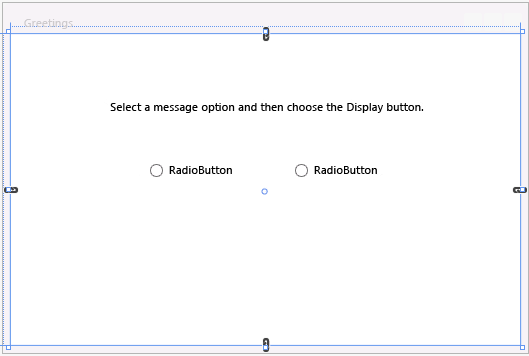 Formulario Greetings con bloque de texto y dos botones de opción