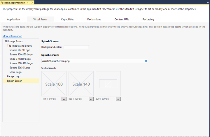 Captura de pantalla de la ventana "Package.appxmanifest" en Visual Studio 2013