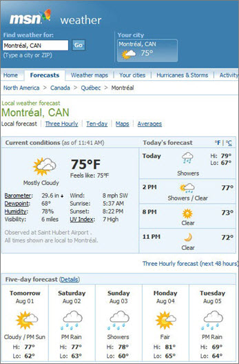 Página de MSN en la que se muestra el pronóstico del tiempo para Montreal.