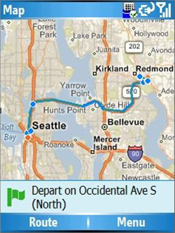 Mapa que muestra la ruta de Seattle a Redmond.