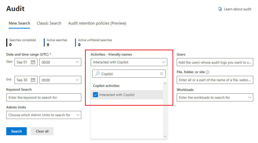 Opciones de auditoría para identificar las interacciones del usuario con Microsoft Copilot para Microsoft 365.