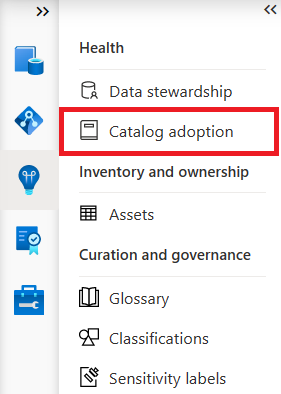 Captura de pantalla del menú Data Estate Insights del portal de gobernanza de Microsoft Purview con La adopción del catálogo resaltada en la sección Estado.