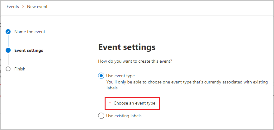 Opción en Configuración de evento para seleccionar un tipo de evento.