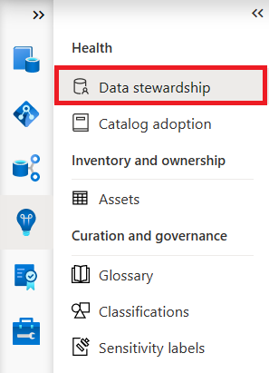 Captura de pantalla del menú Data Estate Insights del portal de gobernanza de Microsoft Purview con Administración de datos resaltado en la sección Estado.