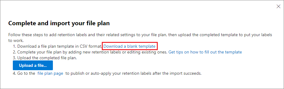 Opción para descargar una plantilla de plan de archivos en blanco