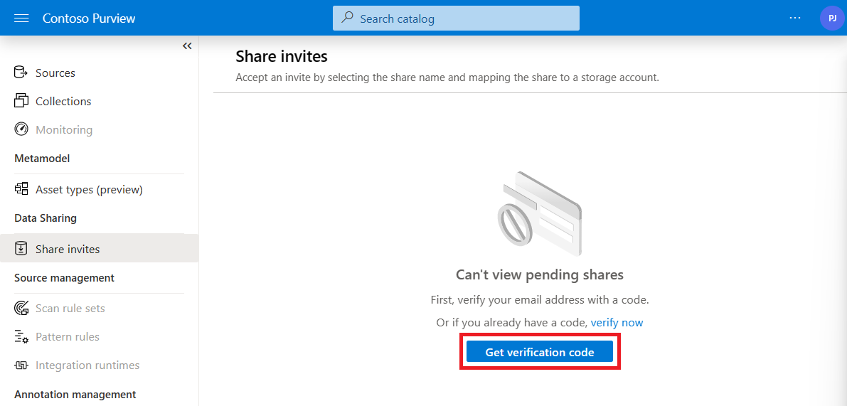 Captura de pantalla de la página Compartir invitaciones con el botón Obtener código de verificación resaltado.