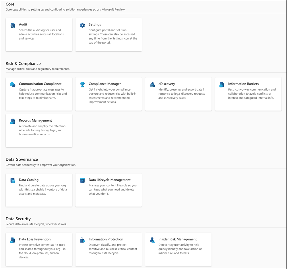 Página de soluciones del portal de Microsoft Purview.