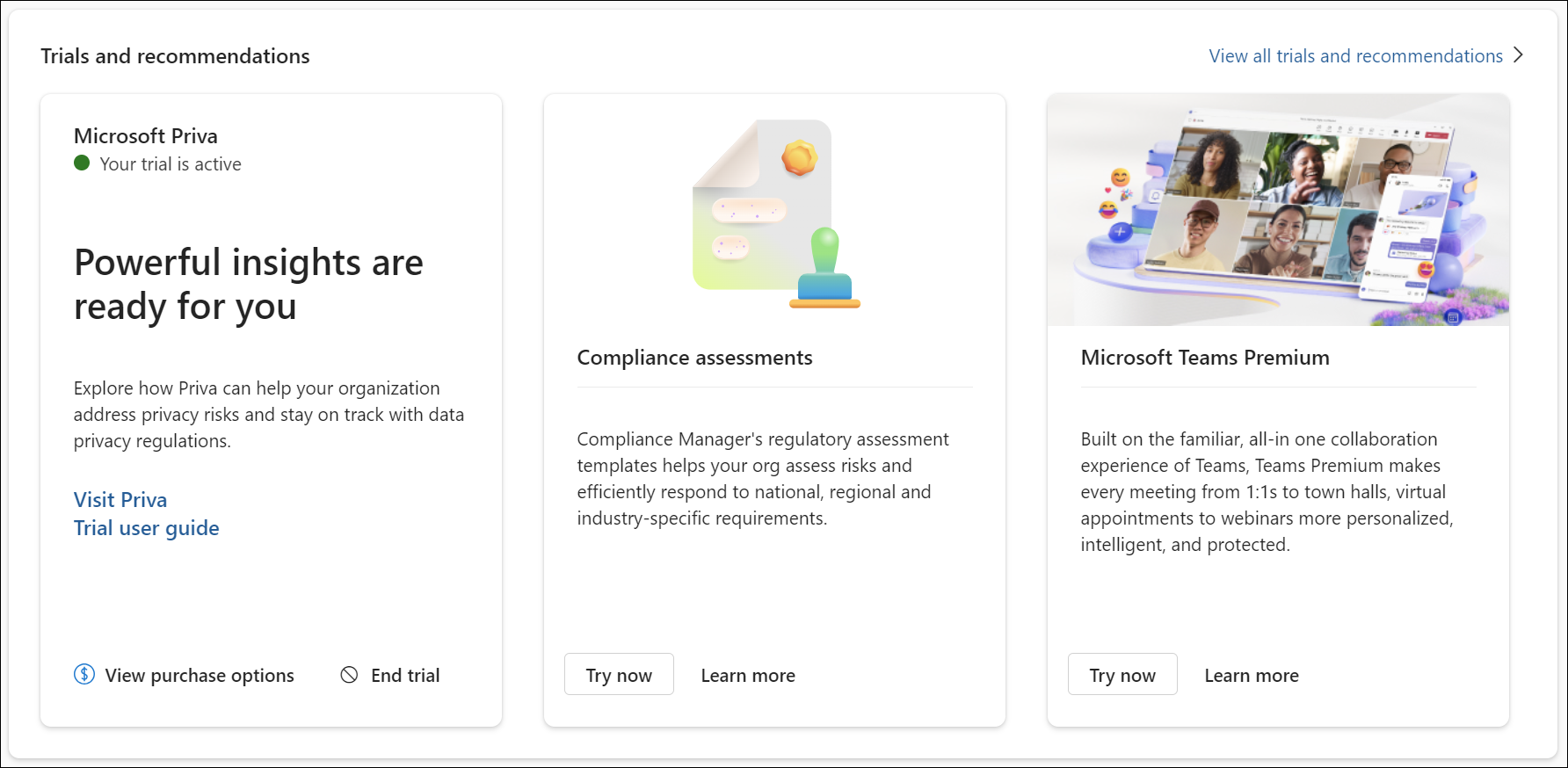 Tarjeta de recomendaciones y pruebas del portal de Microsoft Purview.