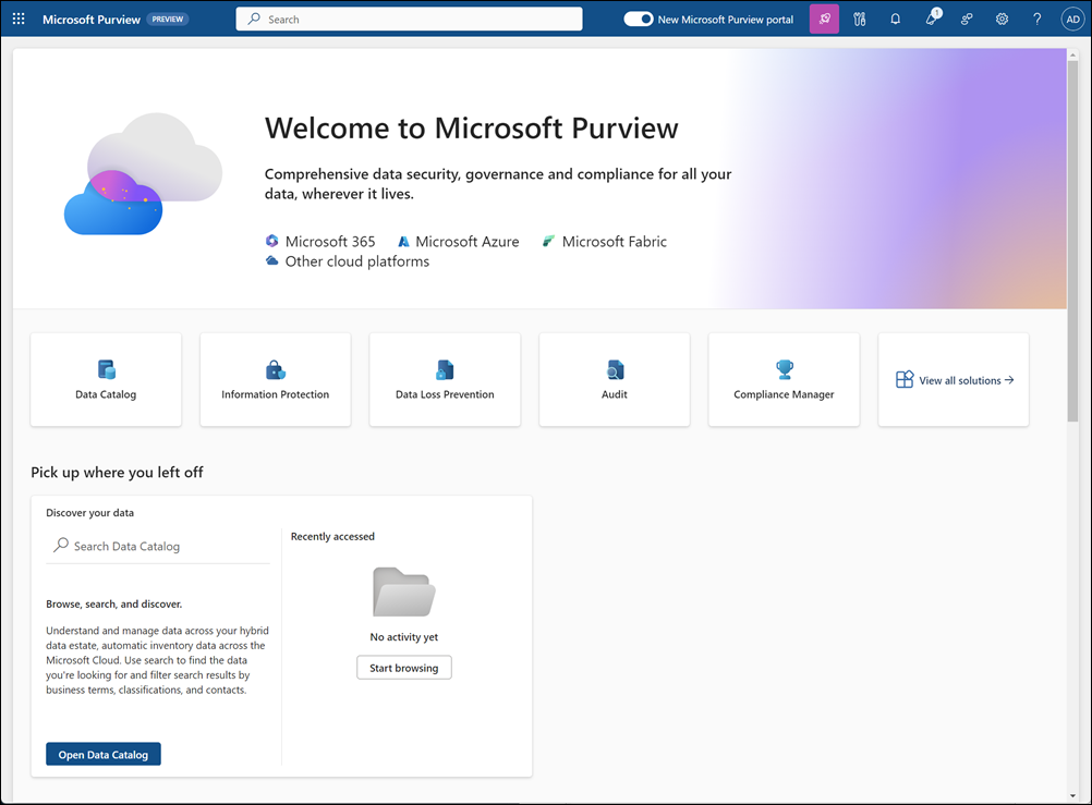Página principal del portal de Microsoft Purview.