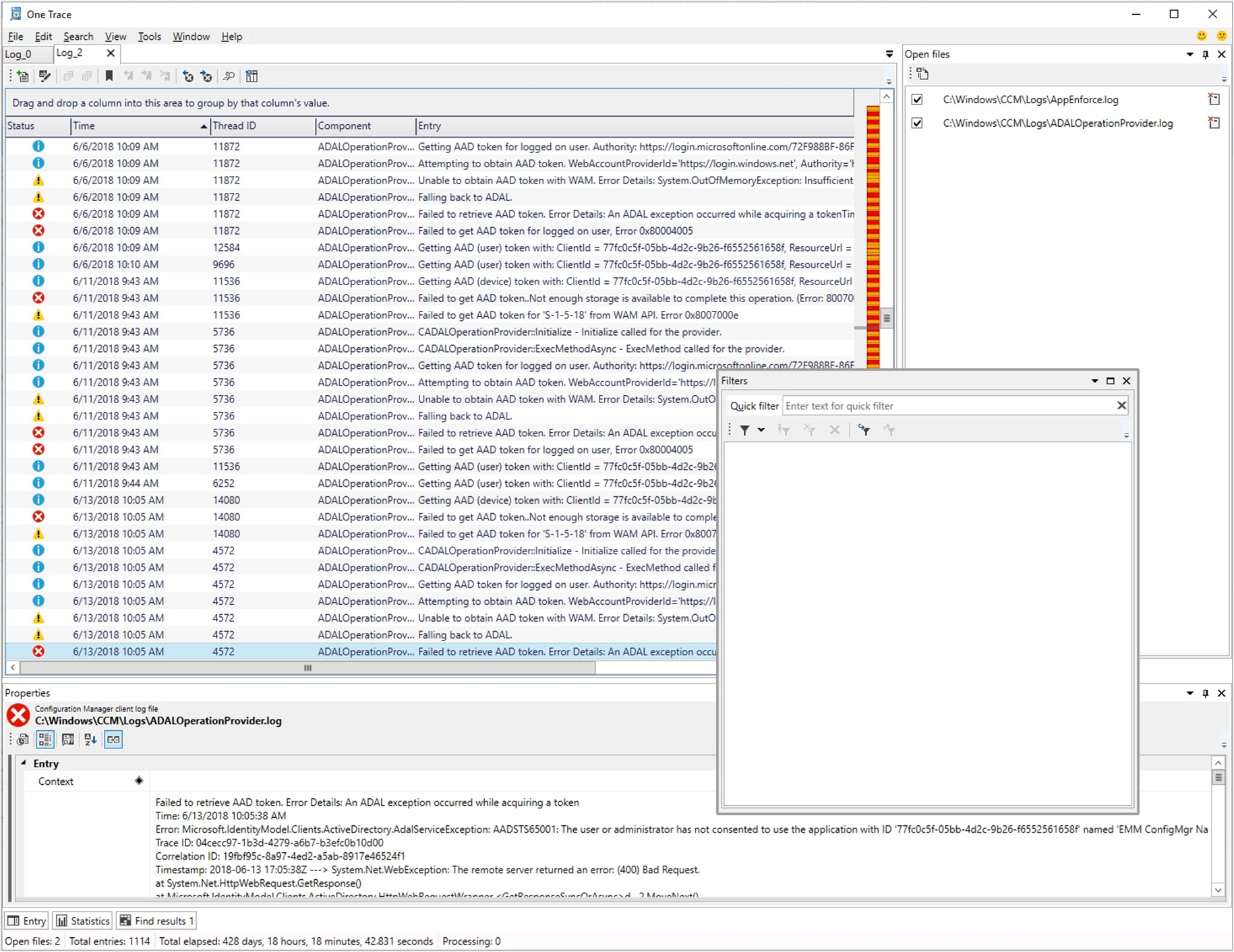 Captura de pantalla del visor de registros de OneTrace