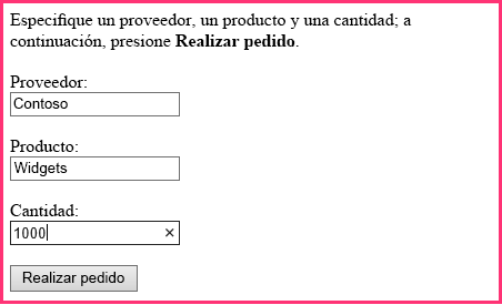 Formulario de pedido con cuadros de texto para el proveedor, el producto y la cantidad, y con un botón con la etiqueta Realizar pedido.