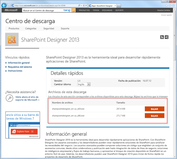 Página de descarga de SharePoint Designer 2013