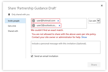 Captura de pantalla del mensaje de error al compartir archivos de OneDrive con usuarios bloqueados.
