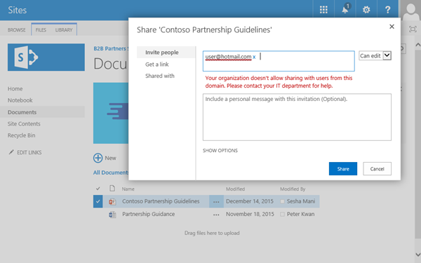 Captura de pantalla del mensaje de error de uso compartido al compartir con un usuario bloqueado.