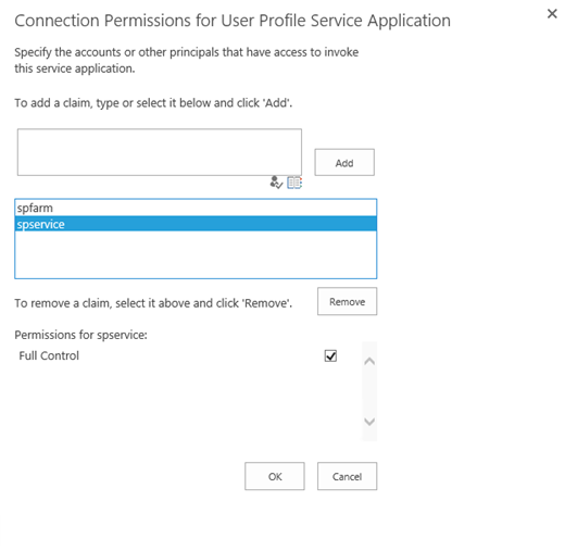 Captura de pantalla de la página Permisos de conexión para la aplicación de servicio de perfil de usuario.