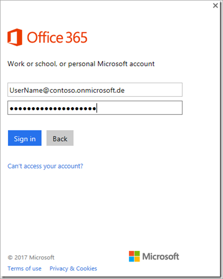 Captura de pantalla del cuadro de diálogo de inicio de sesión para escribir el nombre de la cuenta y la contraseña de su cuenta Microsoft.
