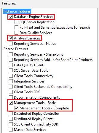 SQL Server requisitos de características.