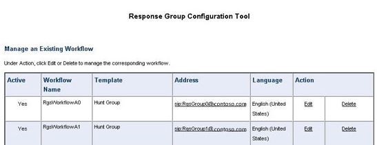 Herramienta de configuración de grupo de respuesta donde se muestran los flujos de trabajo existentes para pruebas.