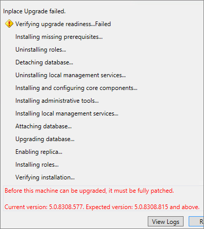 Captura de pantalla que muestra el fallo de una actualización in situ porque no se ha instalado una actualización acumulada requerida.