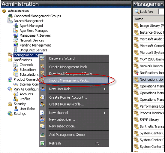 Screenshot where to select Import Management Packs.