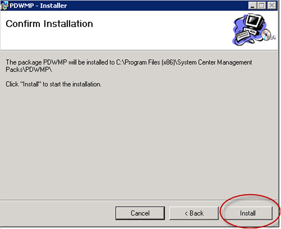 Captura de pantalla del Asistente para instalación de PDWMP en el paso Confirmar instalación con la opción Instalar en un círculo rojo.