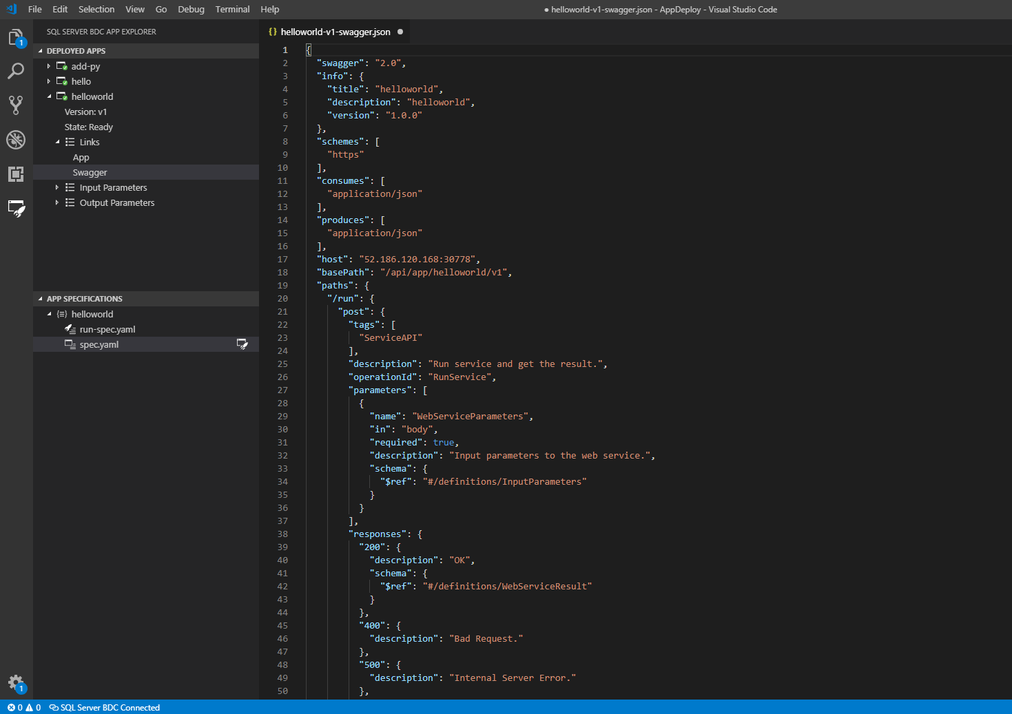 Captura de pantalla que muestra la UI de Visual Studio Code mostrando el archivo swagger.json.