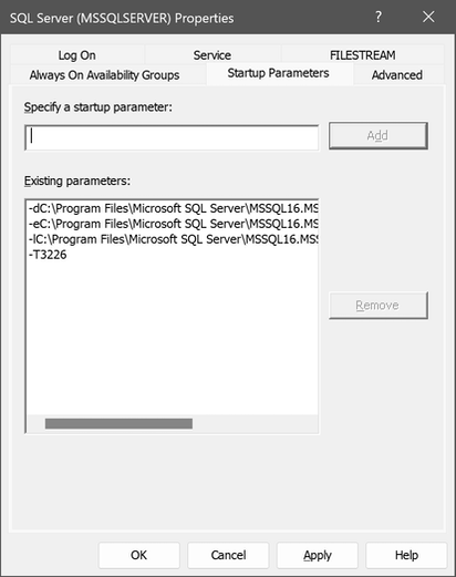 Captura de pantalla del cuadro de diálogo Propiedades de SQL Server (MSSQLSERVER), con la pestaña Parámetros de inicio seleccionada.