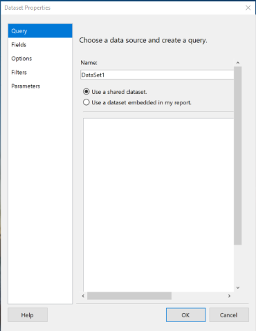 Screenshot of the Dataset Properties dialog box showing the query section.