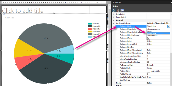 Screenshot that shows how to set a property of a single slice in the report builder pie chart.