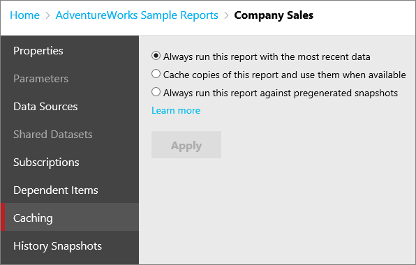 Screenshot that shows the Caching screen of the Edit Company Sales dialog box with the Always run this report with the most recent data option selected.