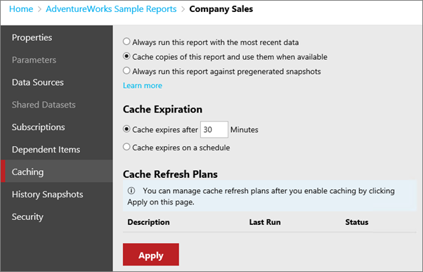 Screenshot that shows the Caching screen of the Edit Company Sales dialog box with the Cache copies of this report and use them when available option selected.