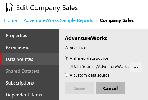 Screenshot that shows the Data Sources screen of the Edit Company Sales dialog box.