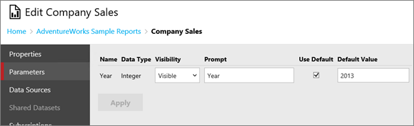 Screenshot that shows the Parameters screen of the Edit Company Sales dialog box.