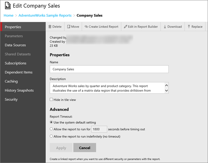 Screenshot that shows the Properties screen of the Edit Company Sales dialog box.