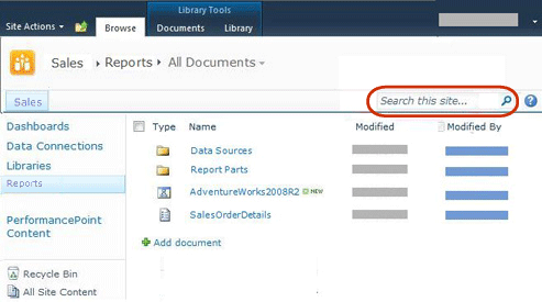 Captura de pantalla de la Biblioteca de SharePoint con elementos del servidor de informes.