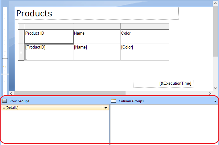 Captura de pantalla del panel de agrupación con la celda del Id. del producto resaltada.