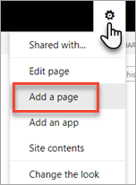 Agregue una página a un sitio de SharePoint desde el icono del engranaje.