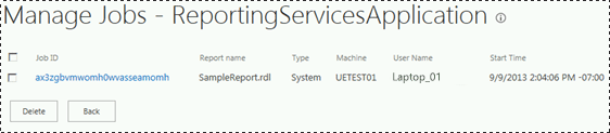 Captura de pantalla que muestra la página Manage Jobs (Administrar trabajos).
