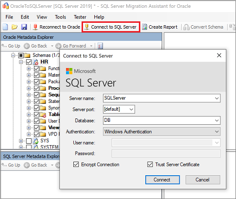 Screenshot of the Connect to SQL Server pane in SSMA for Oracle.