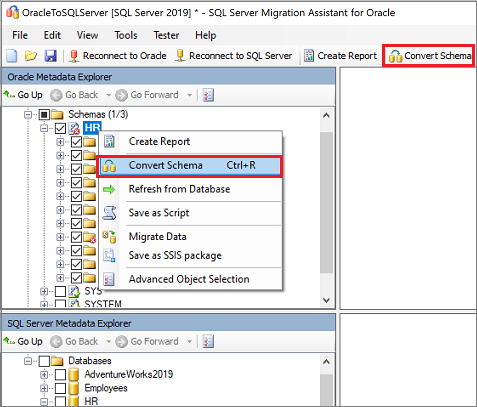 Screenshot of the 'Convert Schema' command on the 'Oracle Metadata Explorer' pane.
