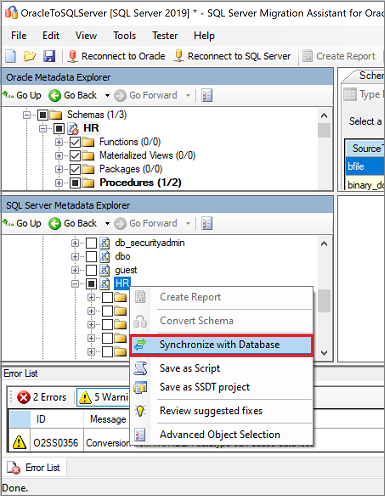 Screenshot of the 'Synchronize with Database' command on the SQL Server Metadata Explorer pane.