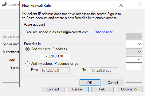 Captura de pantalla del cuadro de diálogo Nueva regla de firewall con las opciones Agregar la IP de mi cliente y Aceptar seleccionadas.