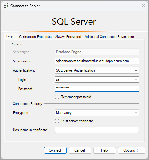Captura de pantalla del cuadro de diálogo de conexión de máquinas virtuales de SQL.